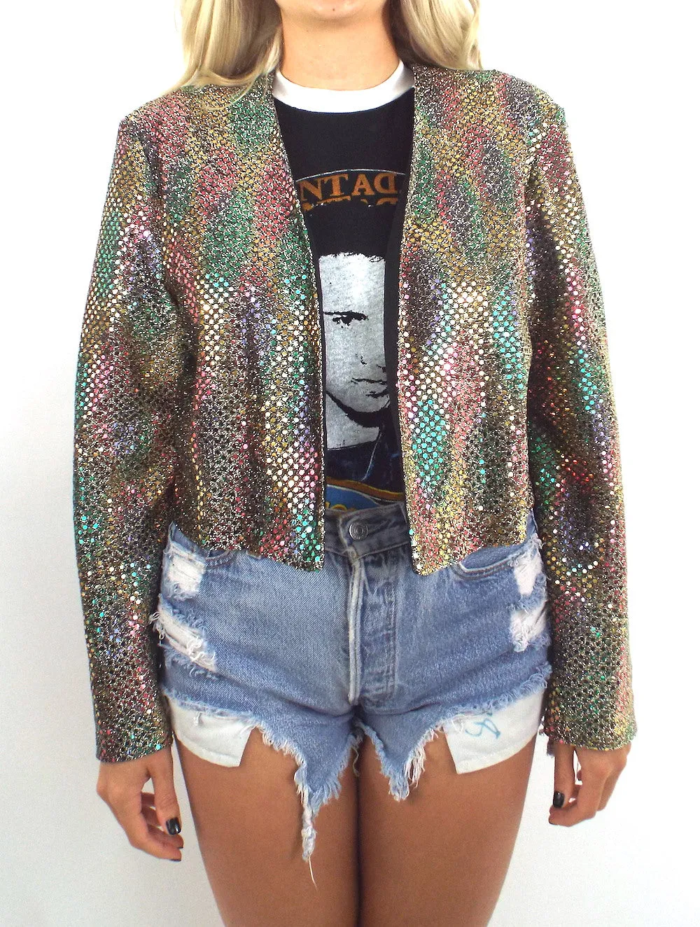 Vintage Rainbow Sequined Open Front Jacket