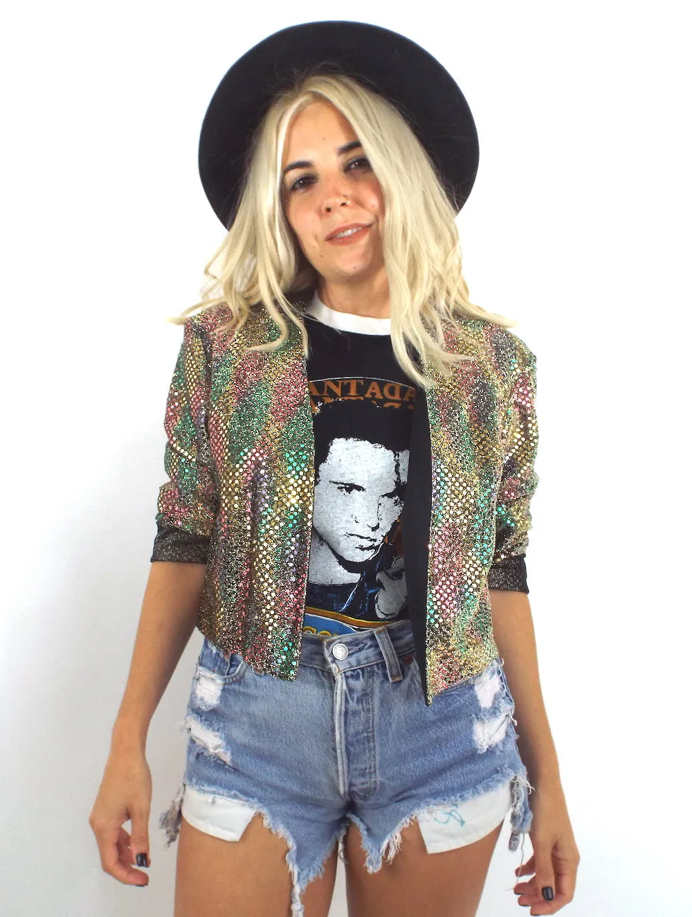 Vintage Rainbow Sequined Open Front Jacket