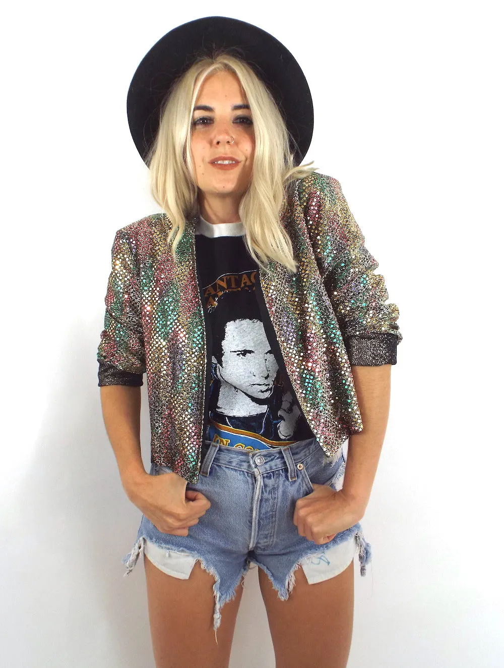 Vintage Rainbow Sequined Open Front Jacket