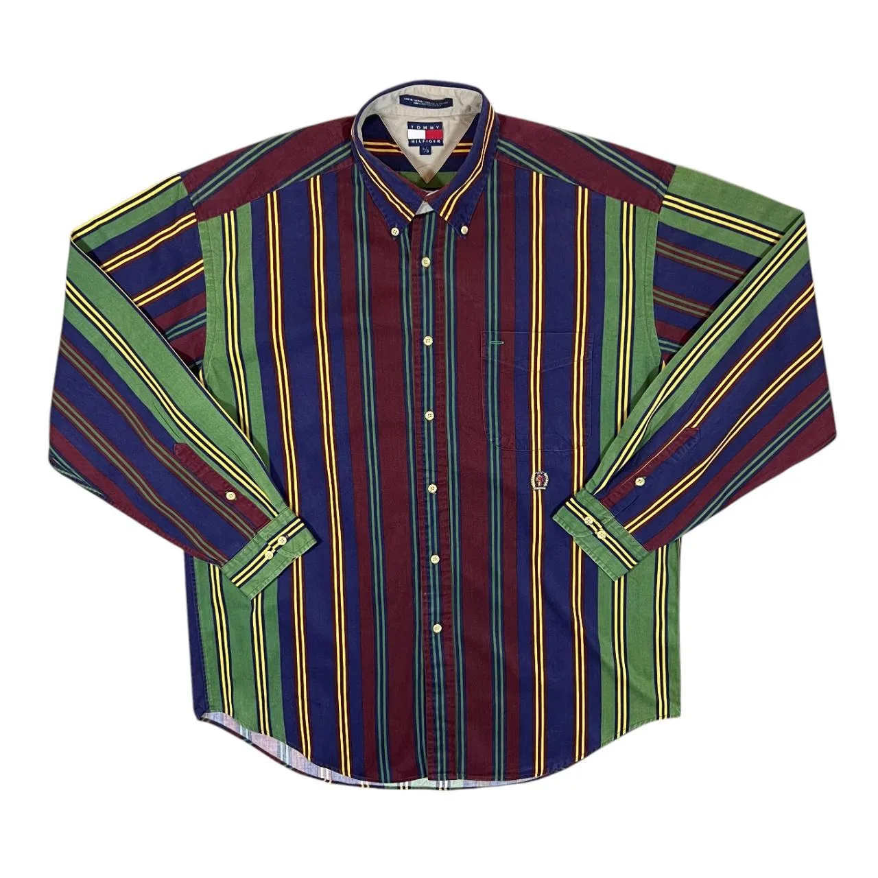 Vintage TOMMY HILFIGER Multi Striped Mini Crest Logo Long Sleeve Button-Up Shirt