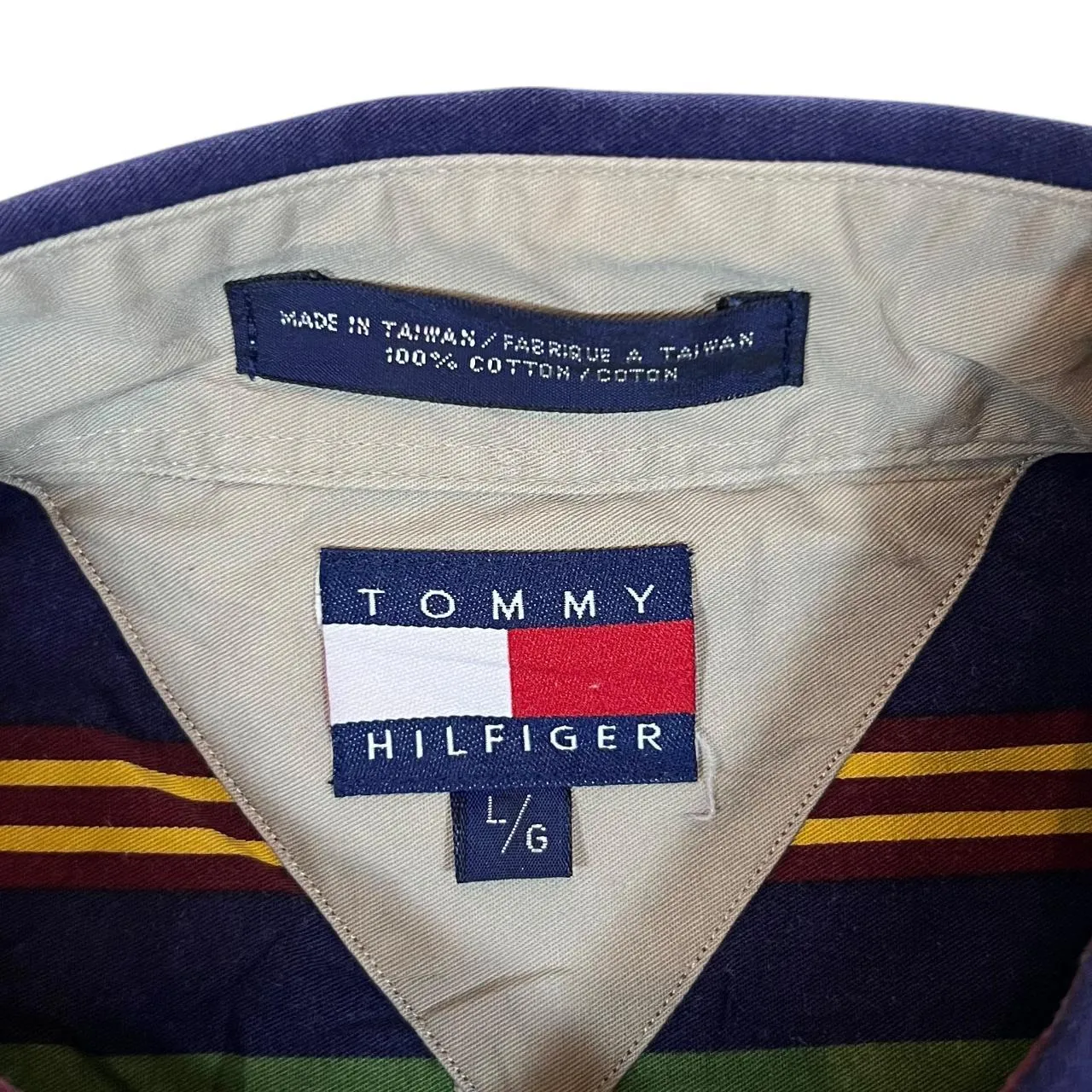 Vintage TOMMY HILFIGER Multi Striped Mini Crest Logo Long Sleeve Button-Up Shirt