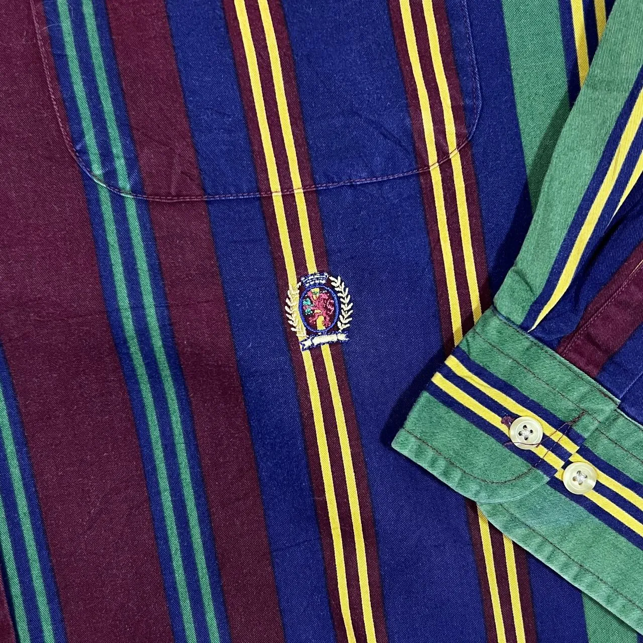 Vintage TOMMY HILFIGER Multi Striped Mini Crest Logo Long Sleeve Button-Up Shirt