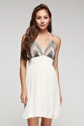 White Embroidered Halter Mini Dress