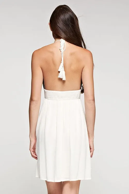 White Embroidered Halter Mini Dress