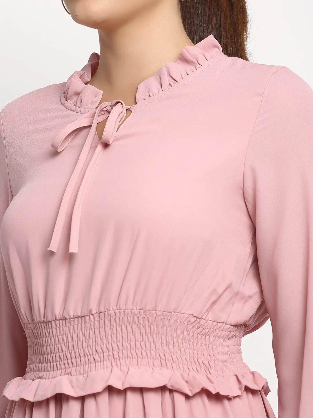 Women Ruffle Neck Solid Knee Length Frock Dress