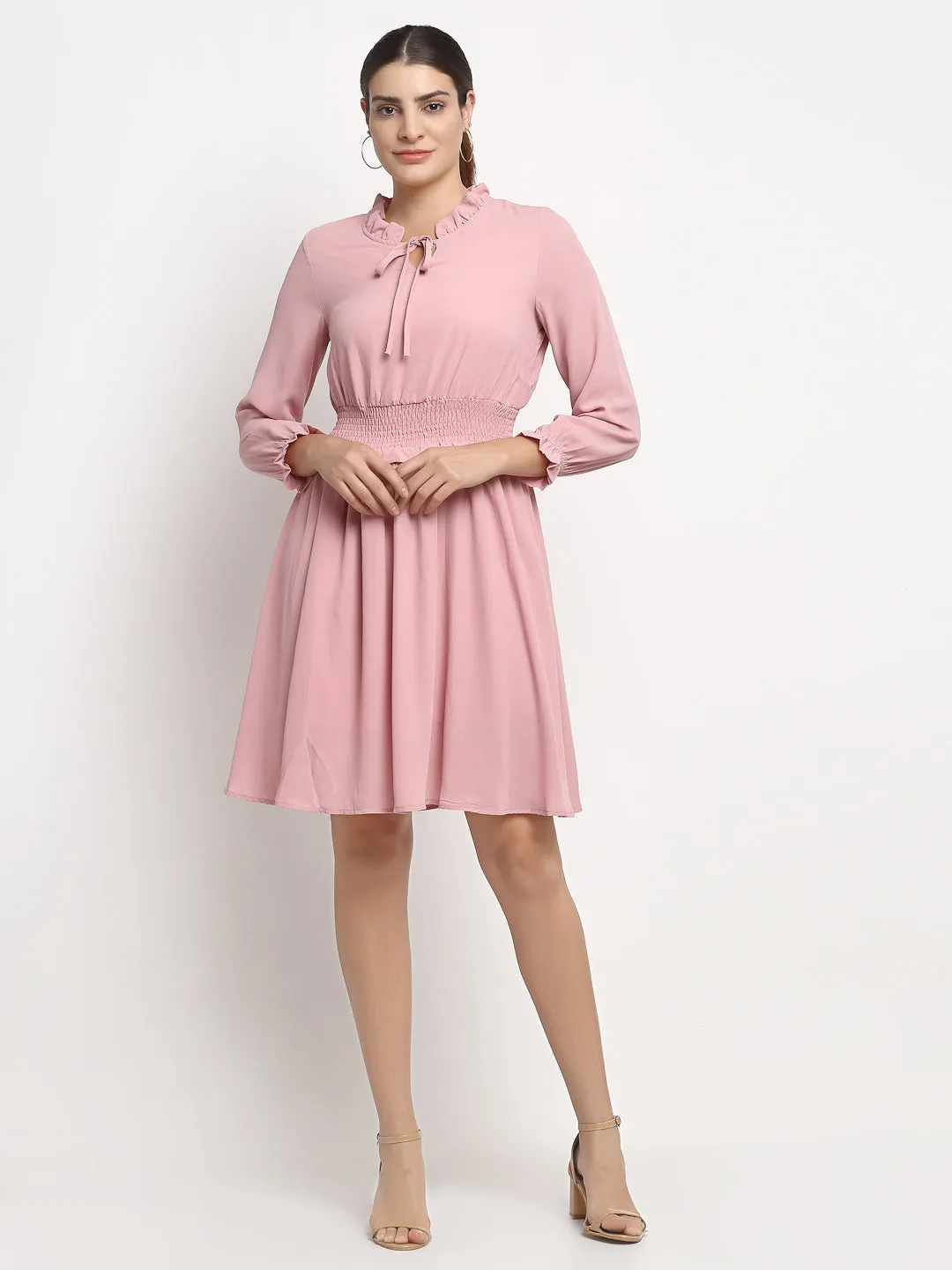 Women Ruffle Neck Solid Knee Length Frock Dress