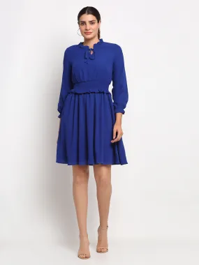 Women Ruffle Neck Solid Knee Length Frock Dress