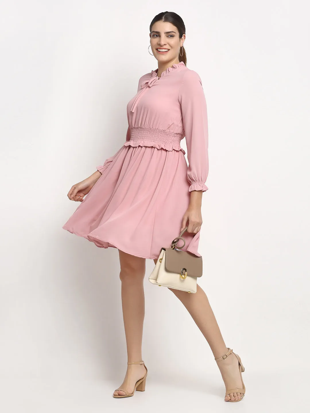 Women Ruffle Neck Solid Knee Length Frock Dress