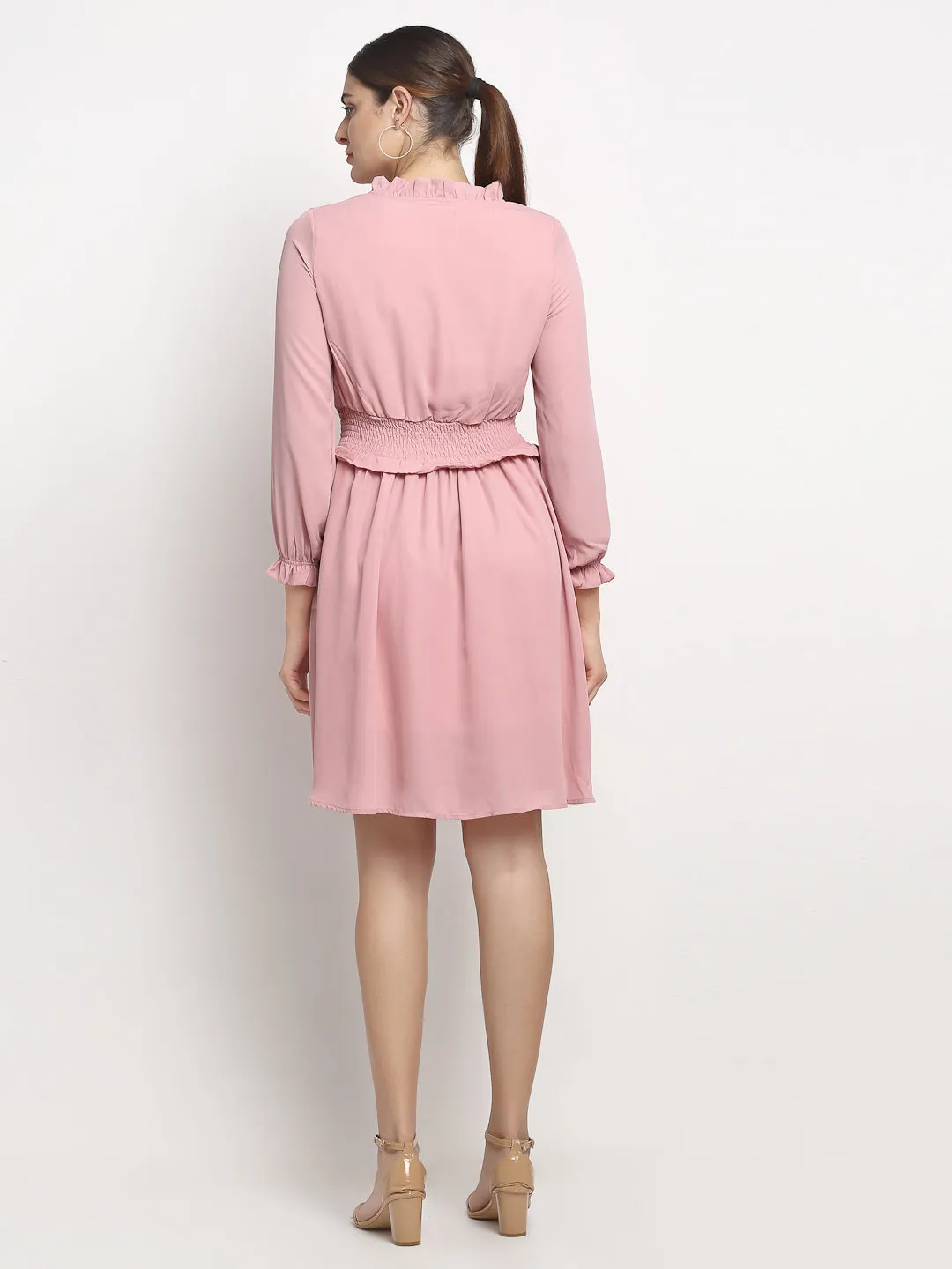 Women Ruffle Neck Solid Knee Length Frock Dress