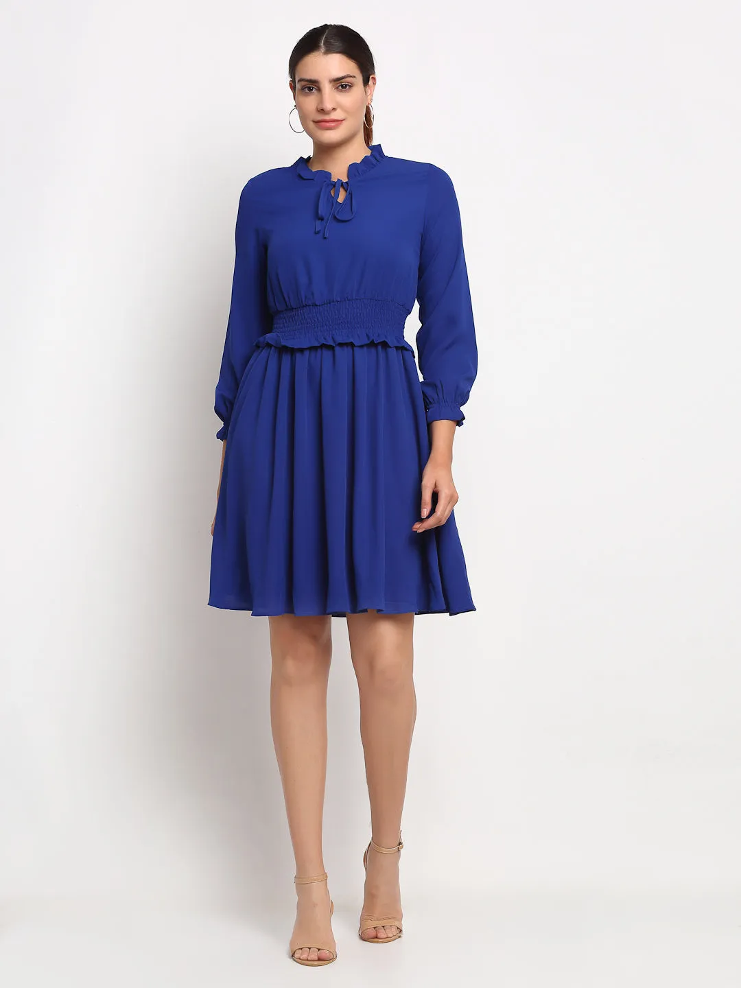 Women Ruffle Neck Solid Knee Length Frock Dress