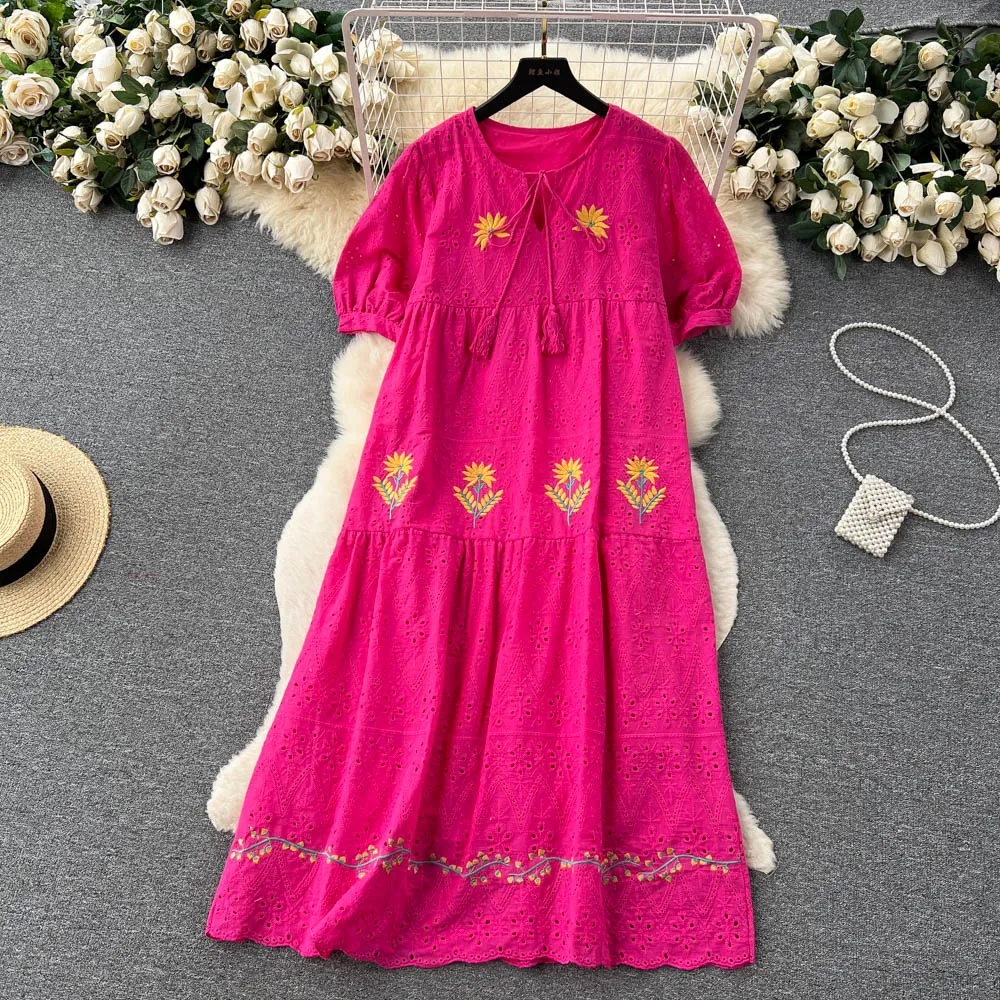 Women Vintage Embroidered Bubble Sleeves Dress