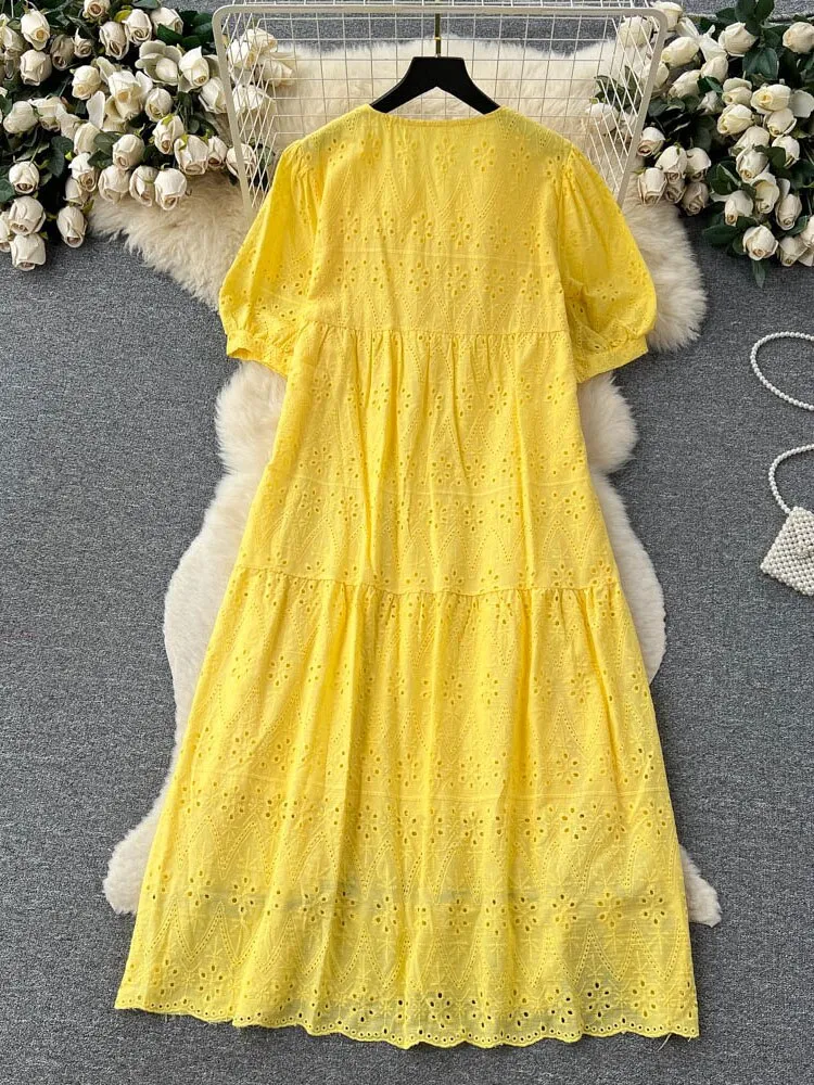 Women Vintage Embroidered Bubble Sleeves Dress