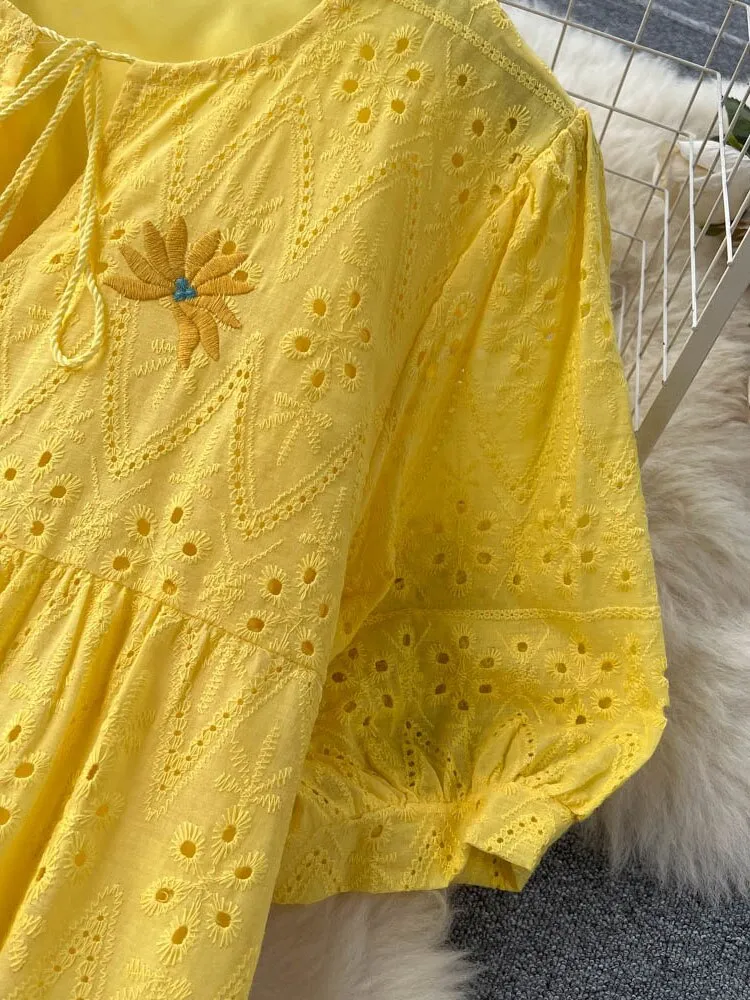 Women Vintage Embroidered Bubble Sleeves Dress
