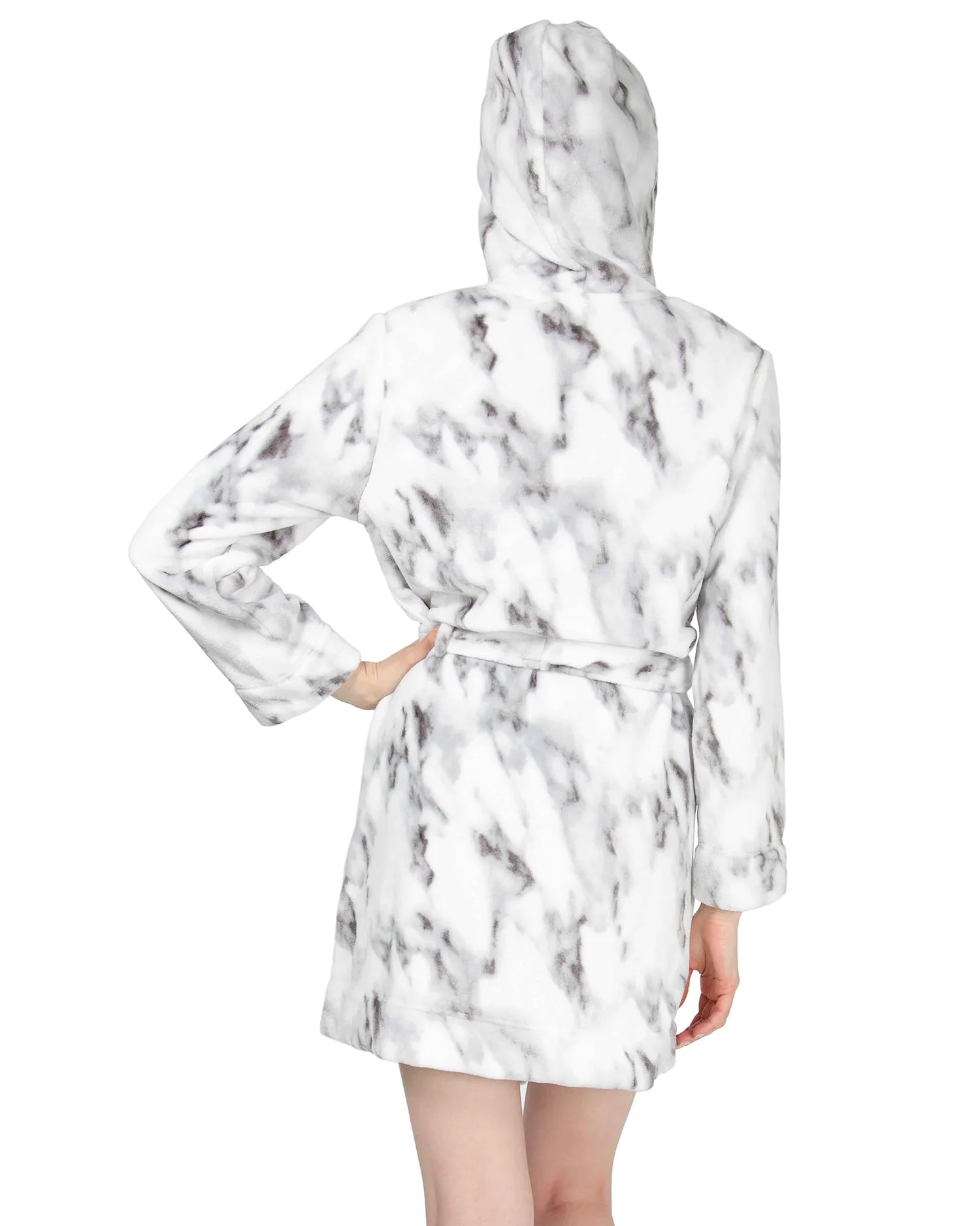 Women's Marble Plush Hooded Robe with Pom-Pom Drawstrings