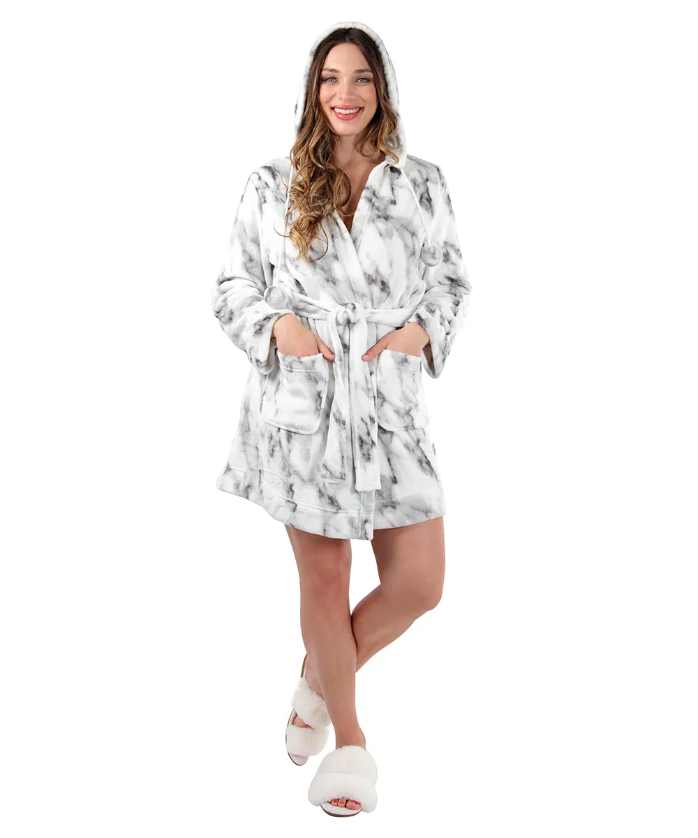 Women's Marble Plush Hooded Robe with Pom-Pom Drawstrings