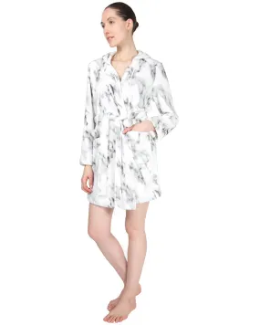 Women's Marble Plush Hooded Robe with Pom-Pom Drawstrings