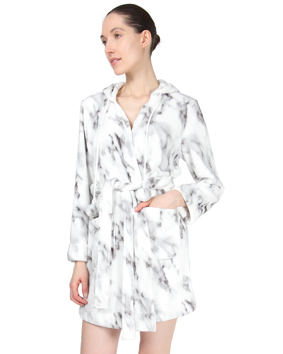 Women's Marble Plush Hooded Robe with Pom-Pom Drawstrings