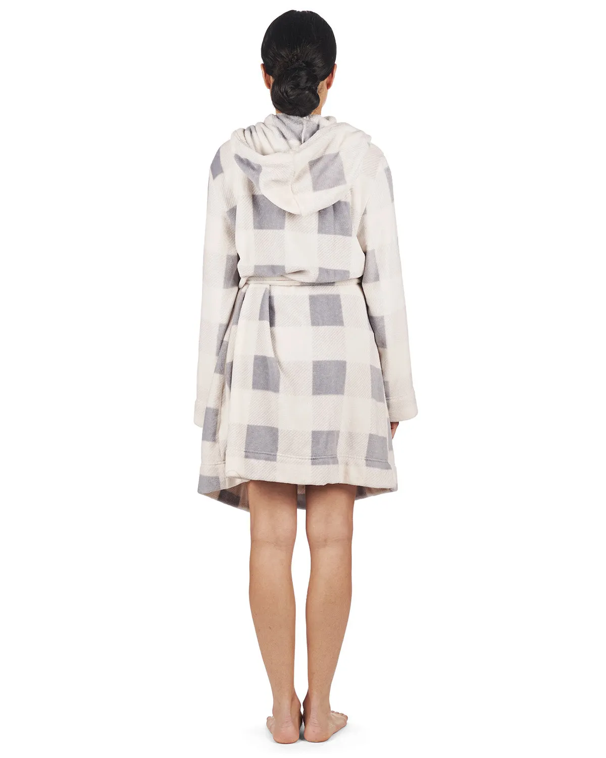 Women's Plaid Plush Hooded Robe with Pom-Pom Drawstrings