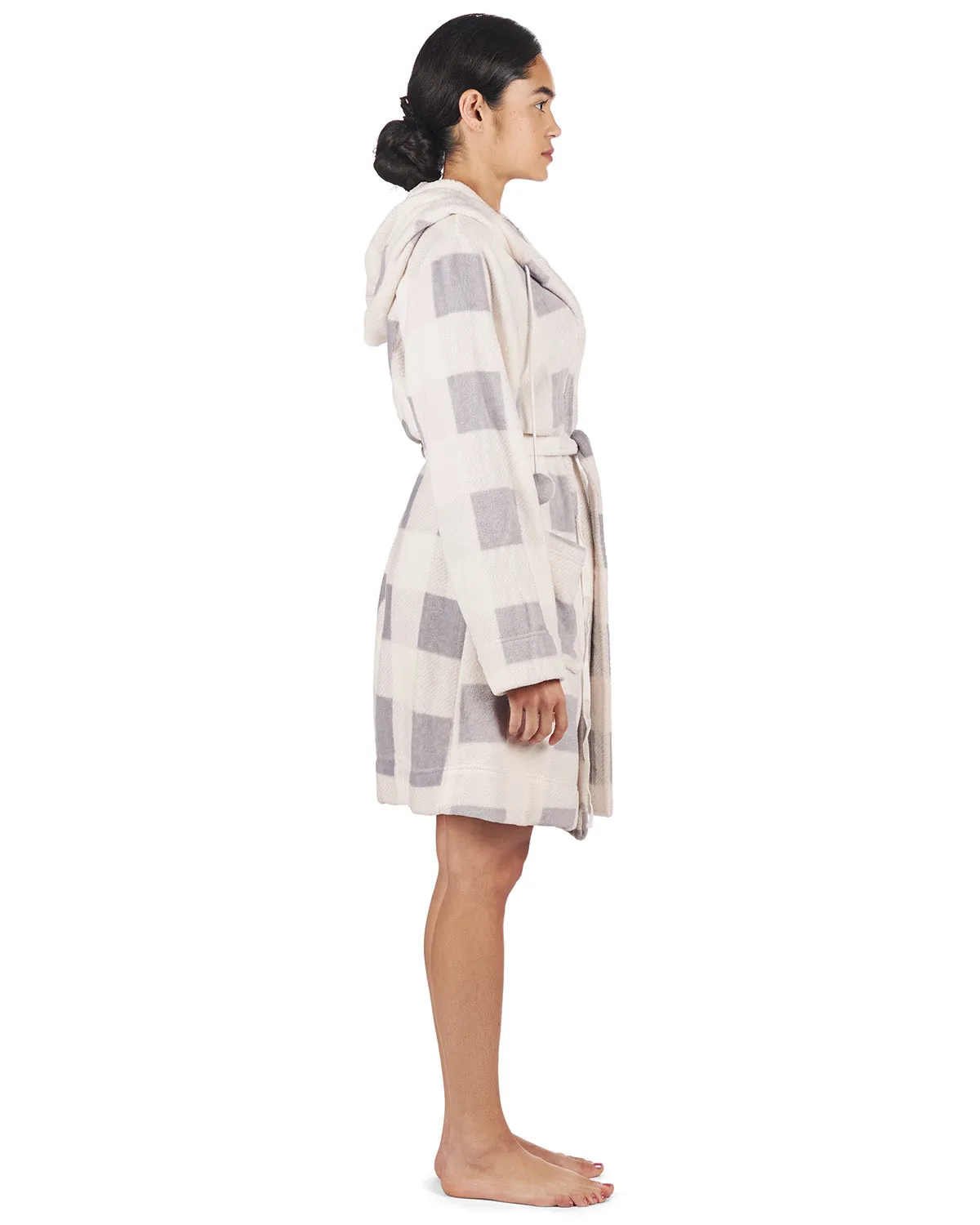 Women's Plaid Plush Hooded Robe with Pom-Pom Drawstrings