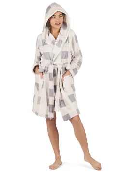Women's Plaid Plush Hooded Robe with Pom-Pom Drawstrings