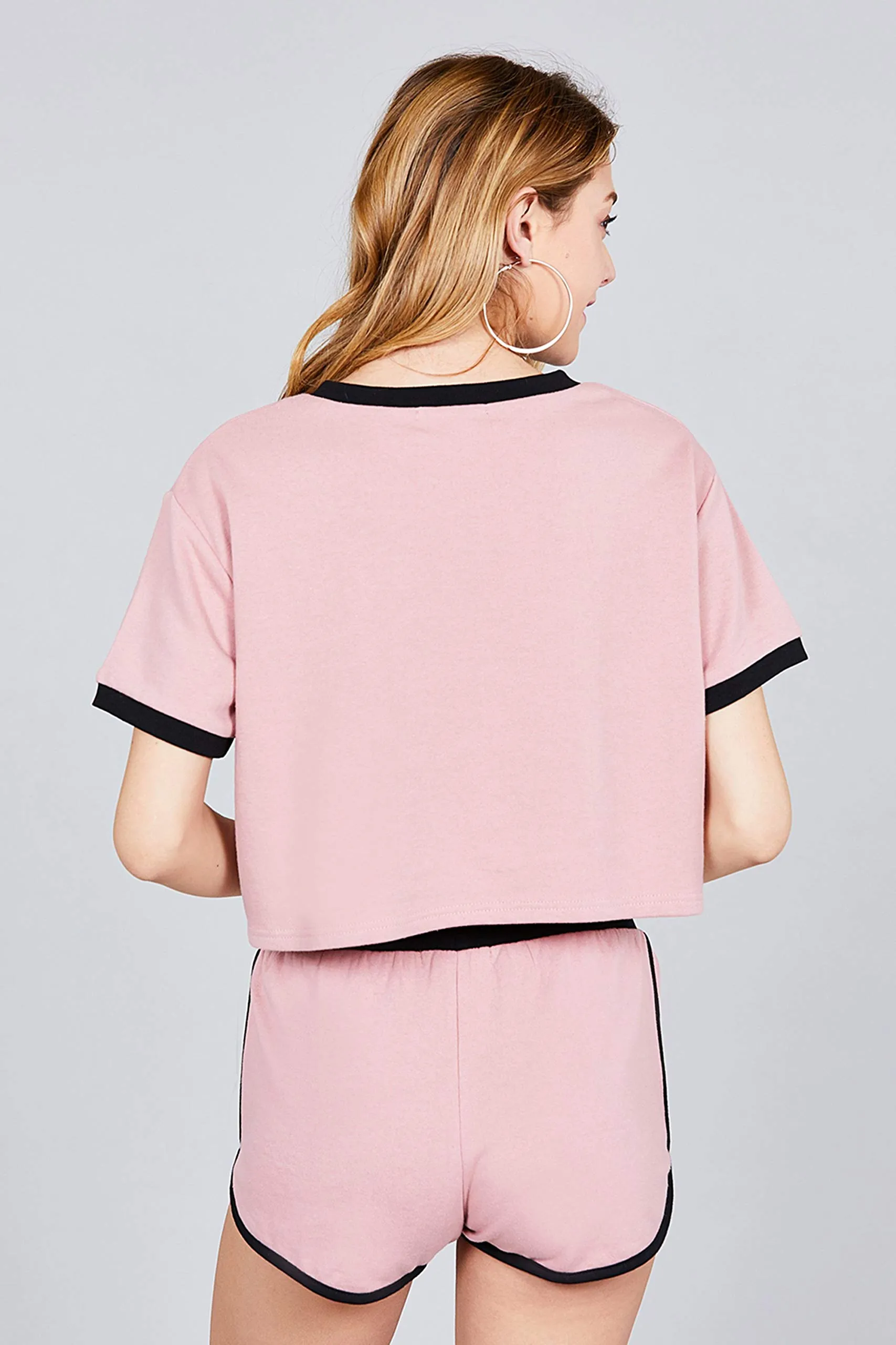 Women's Short Sleeve Round Neck With Contrast Hem And Short Set