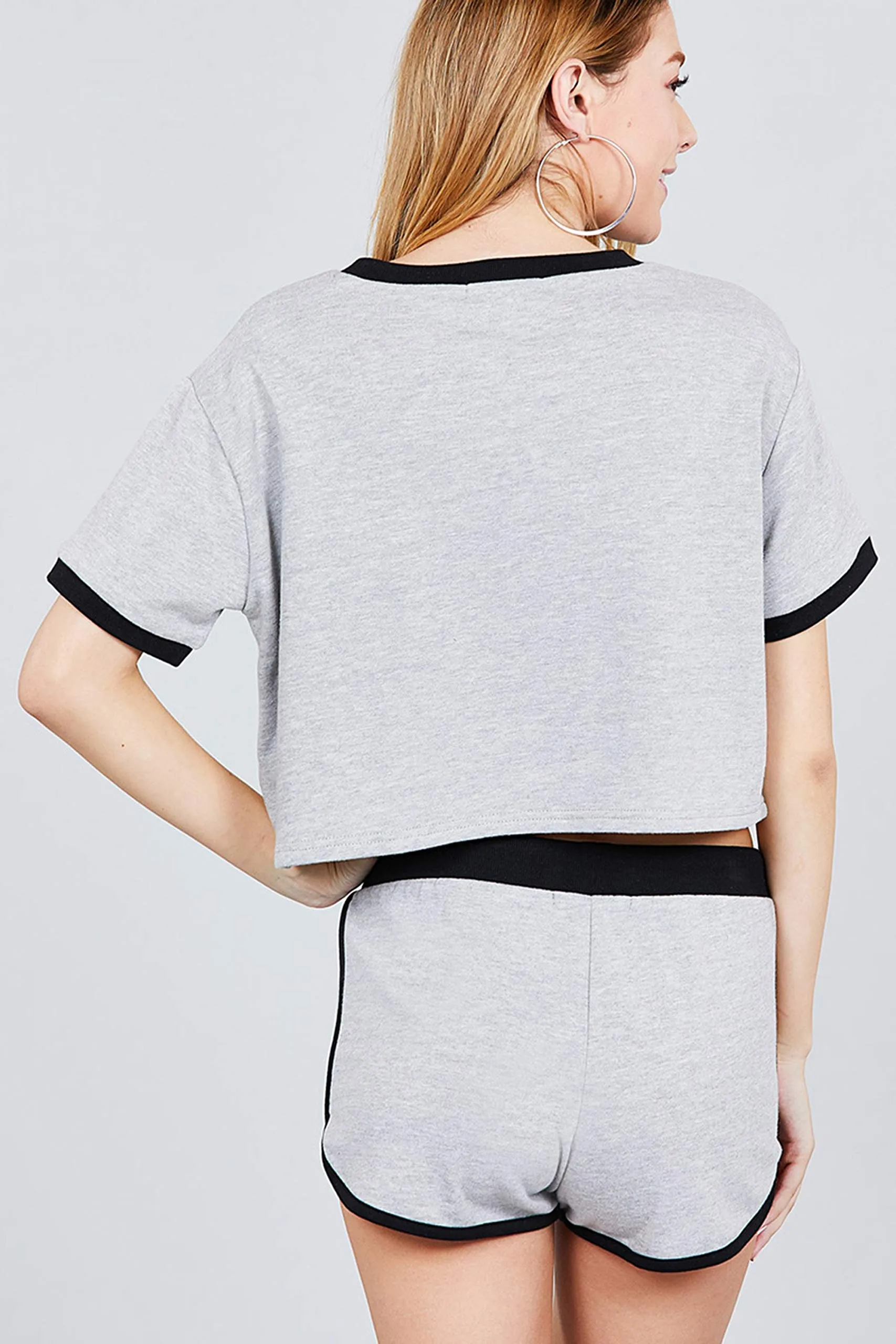 Women's Short Sleeve Round Neck With Contrast Hem And Short Set