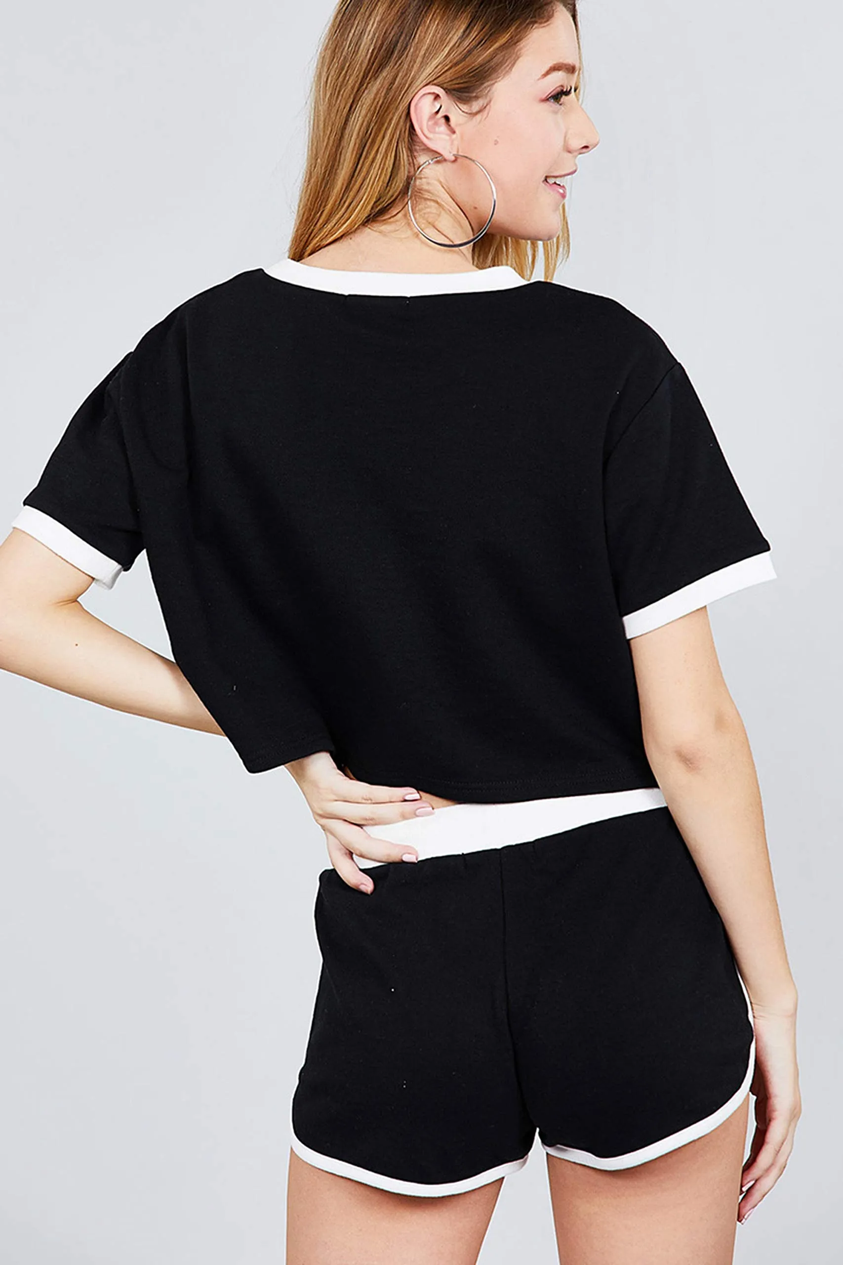Women's Short Sleeve Round Neck With Contrast Hem And Short Set