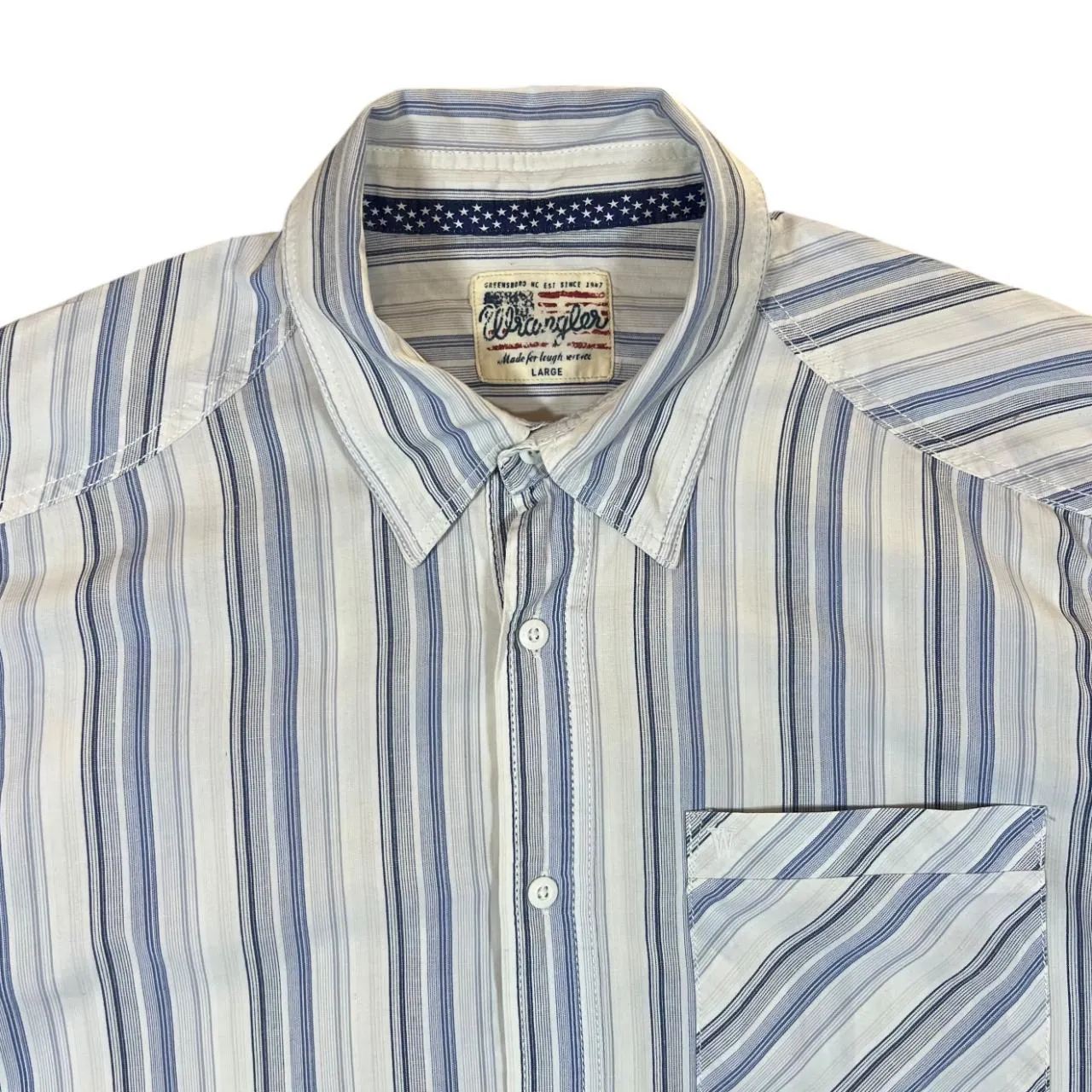 WRANGLER Classic Blue White Multi Striped Short Sleeve Cotton Shirt