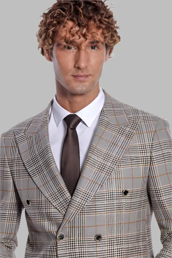 WSS Checked Double Breasted Brown Men Blazer  - Singen