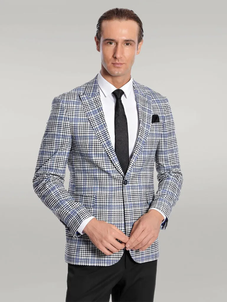 WSS Plaid Slim-Fit Blue Black Men Blazer  - Singen