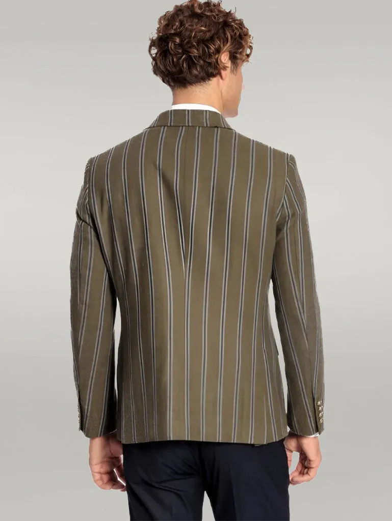 WSS Wide Lapel Striped Double Breasted Green Men Blazer  - Singen
