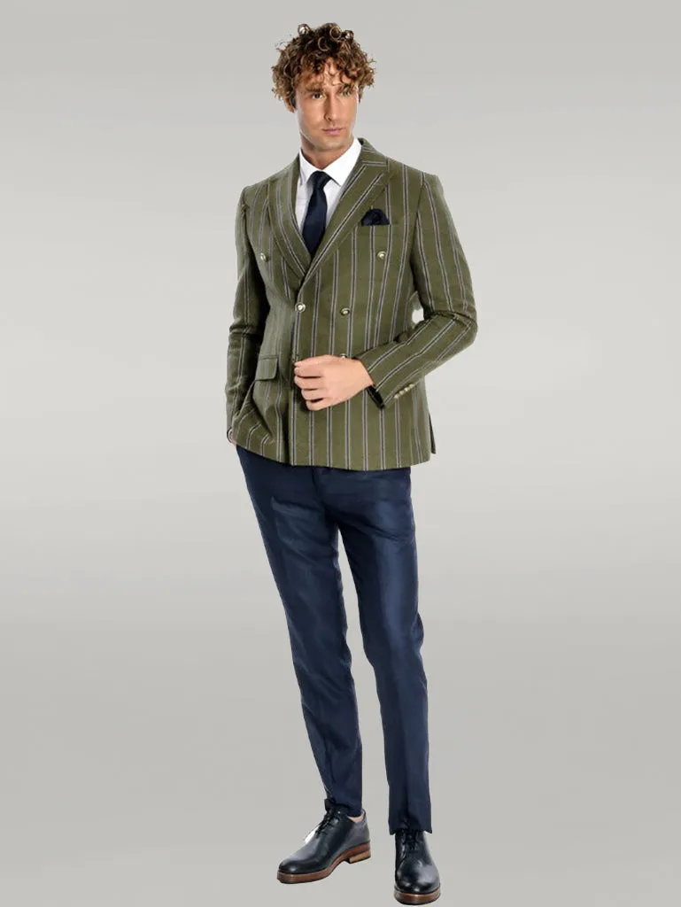 WSS Wide Lapel Striped Double Breasted Green Men Blazer  - Singen