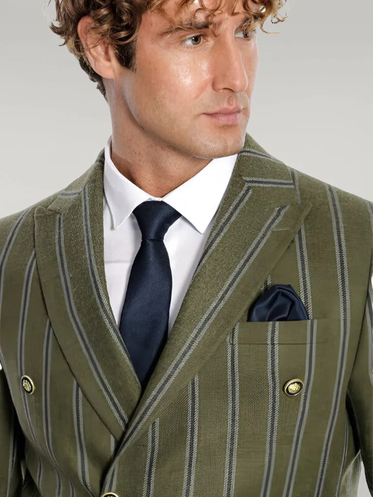 WSS Wide Lapel Striped Double Breasted Green Men Blazer  - Singen