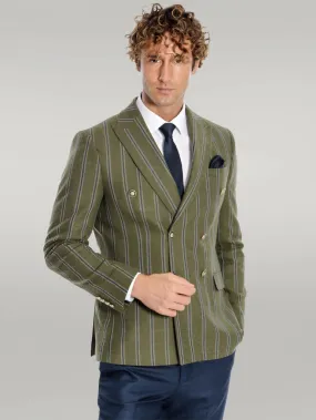 WSS Wide Lapel Striped Double Breasted Green Men Blazer  - Singen