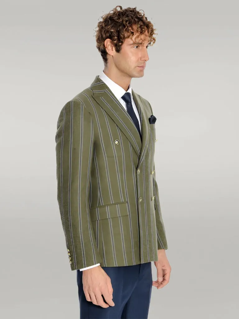 WSS Wide Lapel Striped Double Breasted Green Men Blazer  - Singen