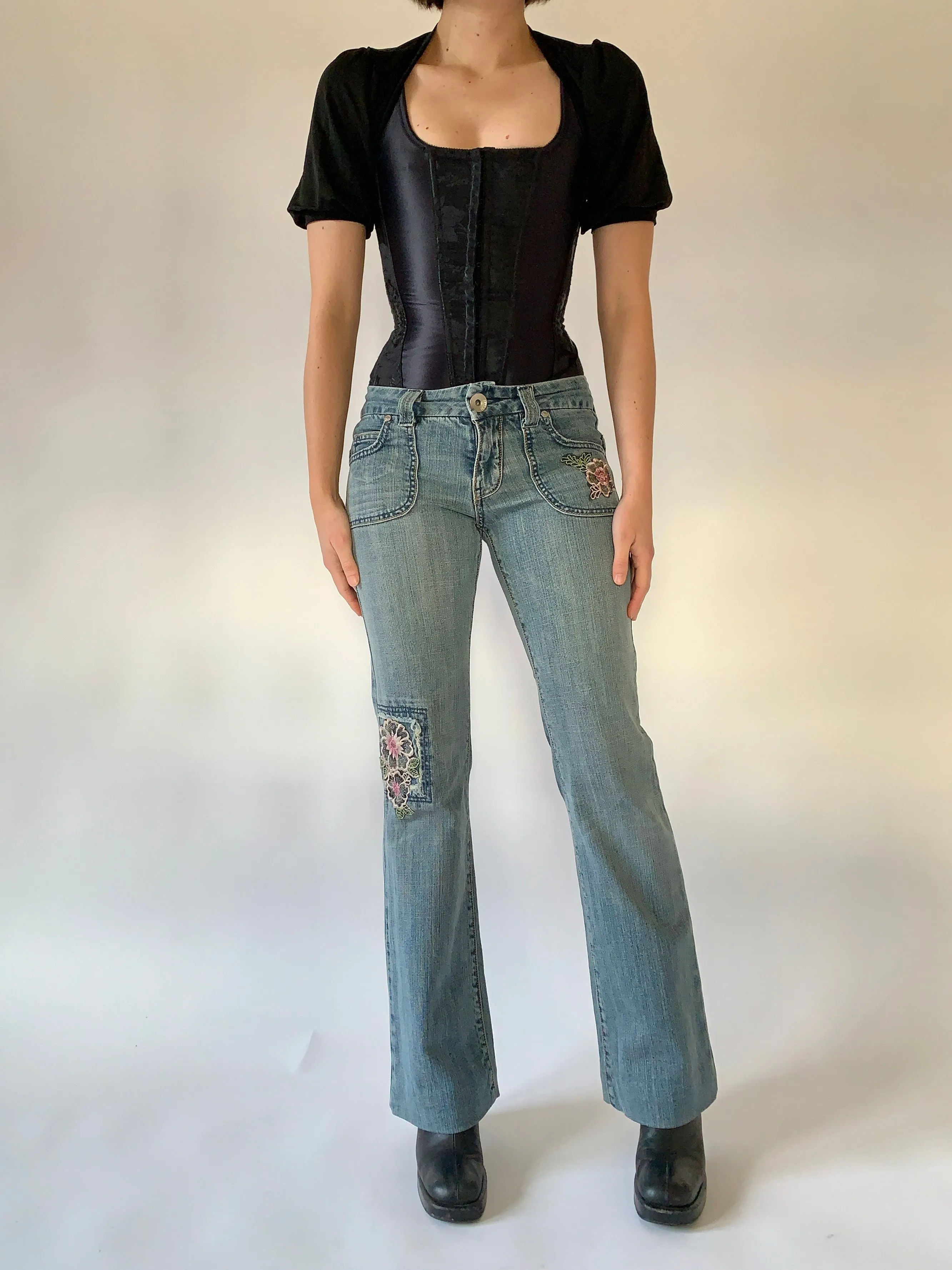 Y2K Floral Embroidered Jeans (S)